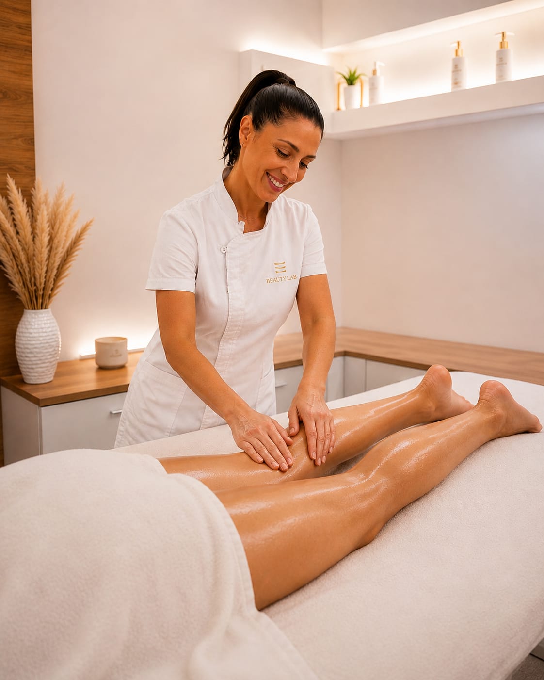 Operatrice BeautyLab in divisa bianca che massaggia le gambe di una cliente distesa sul lettino, in una cabina chiara con luci calde.